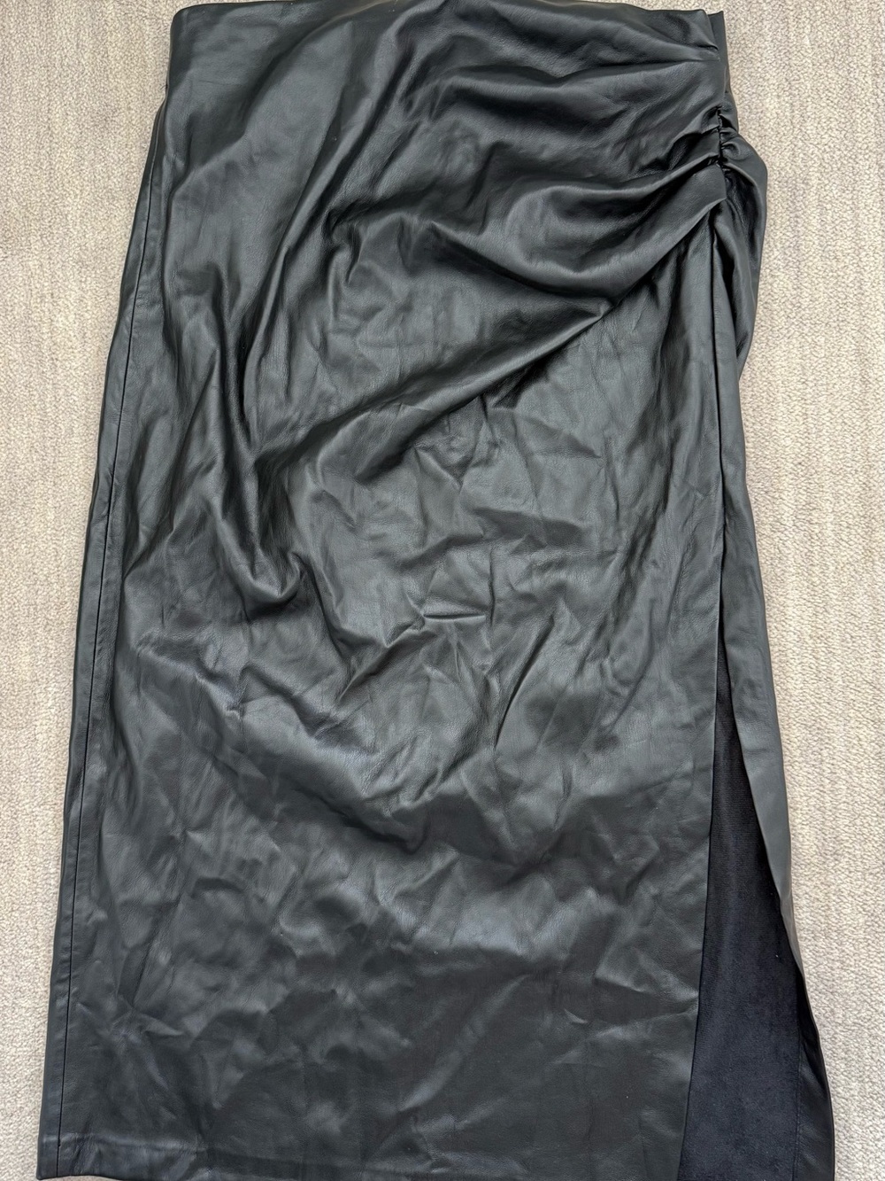 Zara Black Faux Leather Midi Skirt with Side Twist NWT